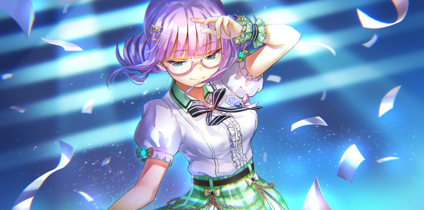 1girl absurdres artist_request belt bow breasts drill_hair frills glasses green_eyes hair_ornament heaven_burns_red highres higuchi_seika idol_clothes puffy_sleeves purple_hair second-party_source solo stage_lights twin_drills