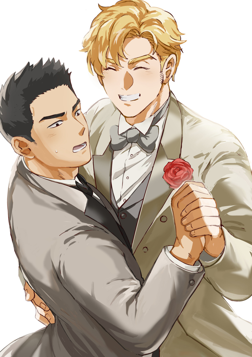 2boys ^_^ absurdres ao_isami black_hair blonde_hair closed_eyes couple dancing facial_hair flower grin happy highres holding_hands husband_and_husband lewis_smith male_focus mamefuku_(mamedehuku) multiple_boys official_alternate_costume rose shy sideburns_stubble smile stubble suit sweatdrop thick_eyebrows yaoi yuuki_bakuhatsu_bang_bravern