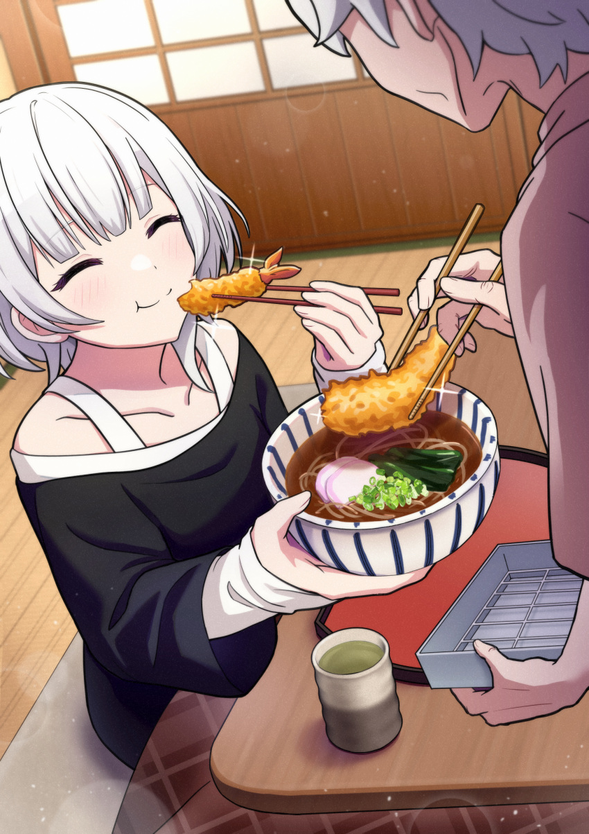 1girl 1other bang_dream! bang_dream!_it's_mygo!!!!! black_shirt blurry bokeh bowl chopped_spring_onion chopsticks closed_eyes closed_mouth commentary_request depth_of_field eating food green_tea highres holding holding_bowl holding_chopsticks indoors kamaboko kaname_raana kotatsu left-handed light_particles medium_hair narutomaki noodles nori_(seaweed) novi_visual off-shoulder_shirt off_shoulder ramen shirt shrimp shrimp_tempura sitting table tea tempura white_hair