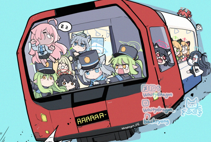 1other 6+girls ^_^ aqua_scarf aris_(blue_archive) artist_name ayane_(blue_archive) black_hair blonde_hair blue_archive chibi closed_eyes commentary_request doodle_sensei_(blue_archive) driving fang from_outside green_hair grey_hair halo hanging hat highlander_sidelocks_conductor_(blue_archive) highlander_twintails_conductor_(blue_archive) hoshino_(blue_archive) instagram_username maki_(blue_archive) midori_(blue_archive) momoi_(blue_archive) multiple_girls nonomi_(blue_archive) peaked_cap pixiv_username scarf sensei_(blue_archive) serika_(blue_archive) shiroko_(blue_archive) shiroko_terror_(blue_archive) siblings sisters skin_fang sleeping spoken_zzz sweatdrop tears train turn_pale twins twitter_username whitydragon zzz