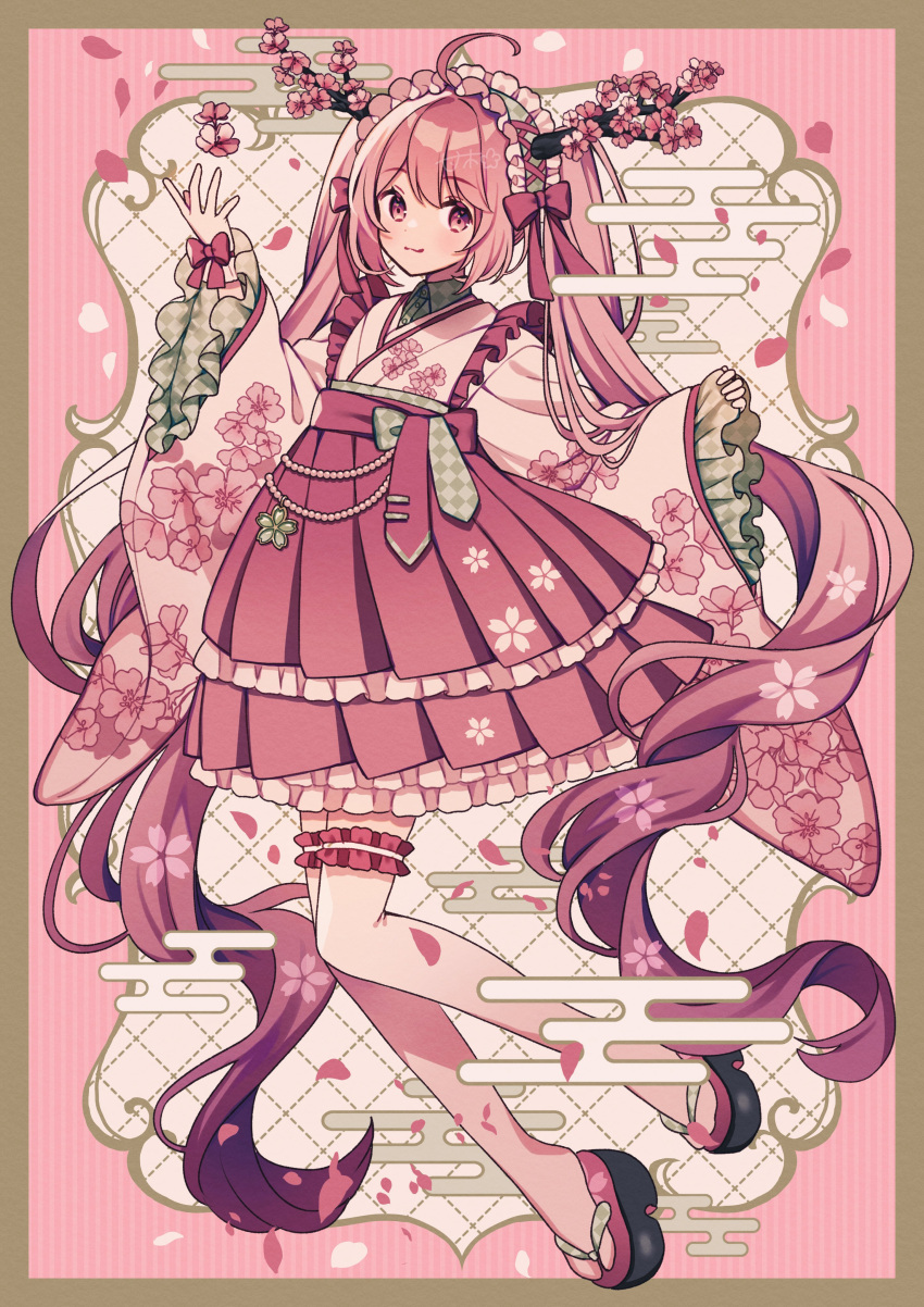 1girl absurdres ahoge amagi_hana apron argyle_background border cherry_blossoms closed_mouth egasumi floating floral_print frilled_skirt frills full_body green_border hair_branch hand_up hatsune_miku highres japanese_clothes kimono knees_together_feet_apart layered_skirt looking_at_viewer maid maid_headdress outside_border pink_apron pink_background pink_eyes pink_hair pink_theme pink_thighhighs platform_footwear pleated_skirt print_kimono sakura_miku sandals sidelocks signature skirt smile solo striped_background thighhighs twintails vocaloid wa_maid white_background white_kimono zettai_ryouiki