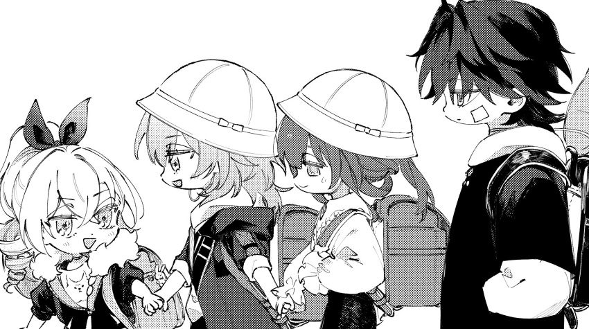 1boy 3girls :d aged_down backpack bag bandaid bandaid_on_face blade_(honkai:_star_rail) bucket_hat crossed_bangs drill_hair drill_ponytail from_side fur-trimmed_jacket fur_trim greyscale hair_between_eyes hat highres holding_hands honkai:_star_rail honkai_(series) jacket kafka_(honkai:_star_rail) long_sleeves medium_hair monochrome multiple_girls randoseru silver_wolf_(honkai:_star_rail) simple_background smile sorako_(yoshida_t) stelle_(honkai:_star_rail) trailblazer_(honkai:_star_rail)