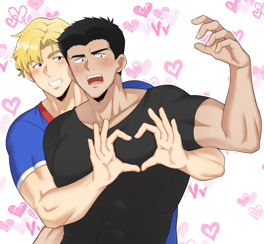 2boys ao_isami bara black_hair blonde_hair blush couple facial_hair hand_up heart heart-shaped_boob_challenge heart_background highres karisuke large_pectorals lewis_smith male_focus multiple_boys muscular muscular_male pectorals shirt sideburns_stubble stubble t-shirt thick_eyebrows yaoi yuuki_bakuhatsu_bang_bravern