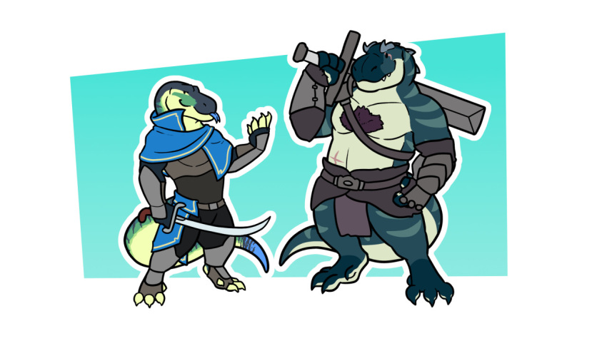 2022 abstract_background anthro armor blep carcharodontosaurid chibi clothed clothing daxlmonitor dinosaur duo forked_tongue giganotosaurus lizard melee_weapon monitor_lizard muscular partially_clothed reptile scalie smile snaggle_tooth sword theropod tongue tongue_out weapon