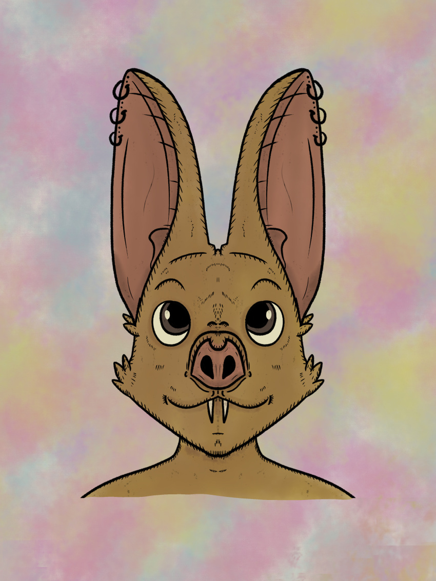 absurd_res ambiguous_gender anthro bat brown_body brown_eyes brown_fur citrusseed disembodied_head ear_piercing ears_up fangs fur hi_res looking_up mammal multiple_piercings pattern_background piercing pink_inner_ear pink_nose simple_background smile smiling_at_viewer solo teeth