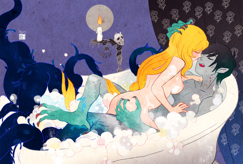 adventure_time ass ass_grab barefoot bath bathtub black_hair blonde_hair breasts fang fionna_the_human hiyori_chisha long_hair male marshall_lee nipples nude pointed_ears short_hair tentacles vampire waifu2x watermark