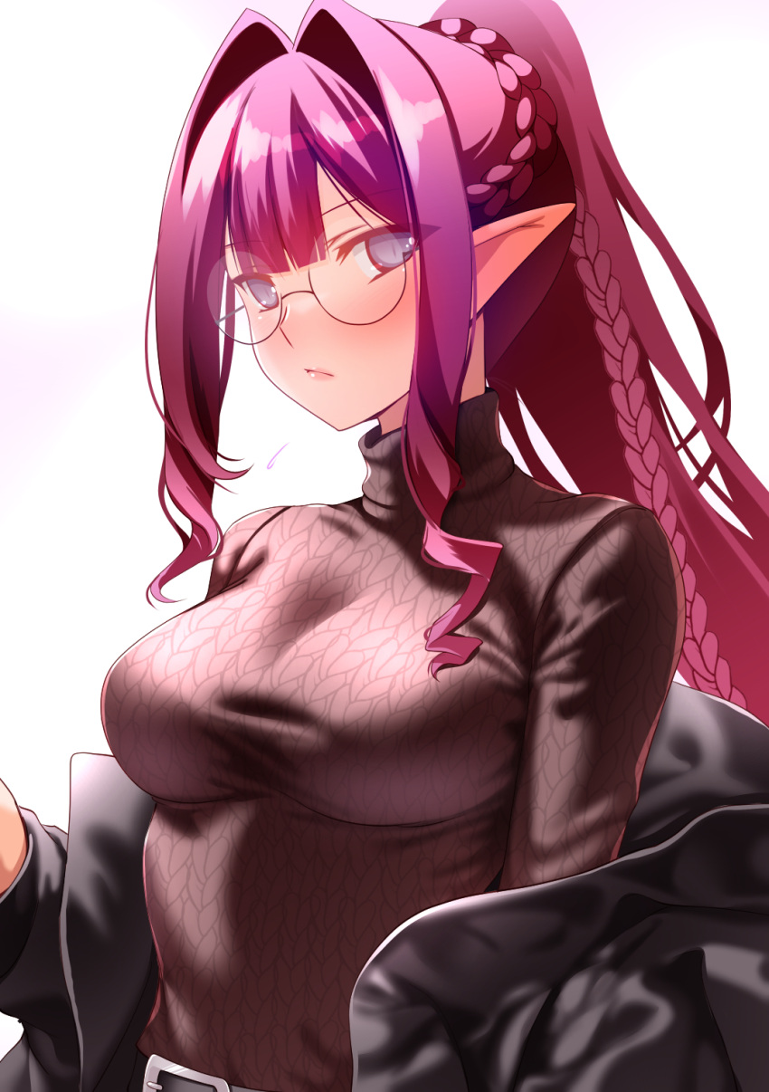 1girl baobhan_sith_(fate) baobhan_sith_(swimsuit_pretender)_(fate) baobhan_sith_(swimsuit_pretender)_(second_ascension)_(fate) belt blush braid breasts engo_(aquawatery) fate/grand_order fate_(series) glasses highres large_breasts long_hair looking_at_viewer pink_hair pointy_ears ponytail round_eyewear shirt simple_background solo sweater turtleneck turtleneck_sweater white_background