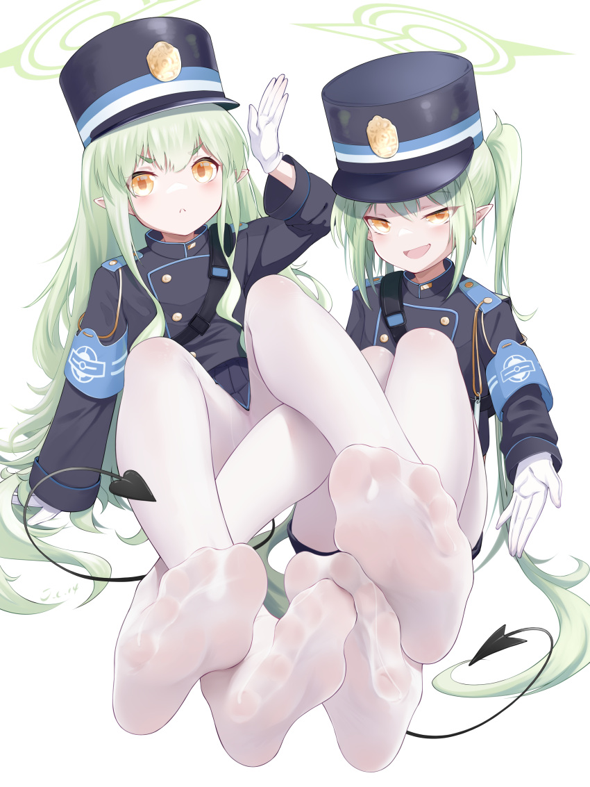 2girls absurdres armband black_hat black_tail blue_archive blue_armband demon_tail feet full_body gloves green_hair green_halo halo hat highlander_sidelocks_conductor_(blue_archive) highlander_twintails_conductor_(blue_archive) highres j.c.14 long_hair looking_at_viewer multiple_girls no_shoes pantyhose peaked_cap pointy_ears soles tail toes train_conductor white_gloves white_pantyhose