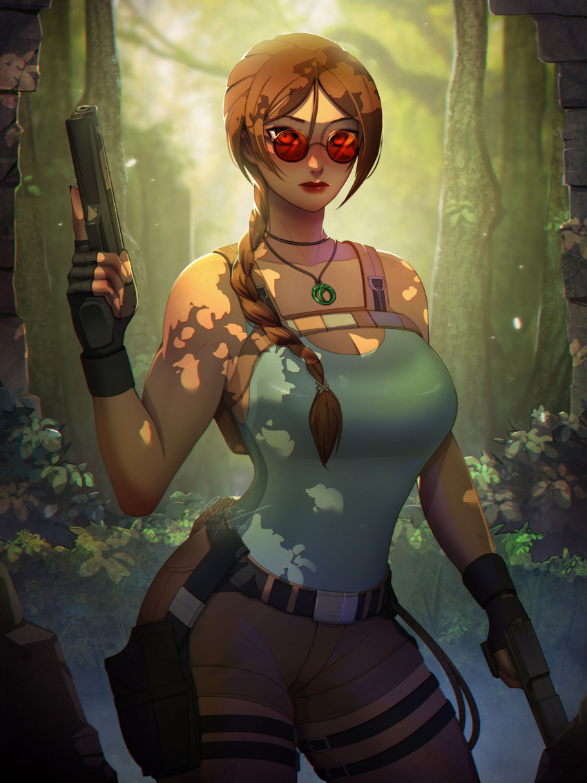 1girl absurdres backpack bag belt blue_leotard braid breasts brown_eyes brown_hair brown_shorts cleavage commentary_request dappled_sunlight dual_wielding fingerless_gloves gloves gun hair_over_shoulder handgun highres holding holster jade_(gemstone) jewelry jungle lara_croft large_breasts leotard leotard_under_clothes long_hair looking_at_viewer nature pendant red-tinted_eyewear red_lips round_eyewear shorts single_braid solo sunglasses sunlight thigh_holster thigh_strap tinted_eyewear tomb_raider toned trigger_discipline weapon xuuikie_ashe