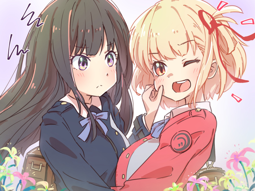 2girls ;d annoyed blonde_hair blunt_bangs blush cheek_pinching closed_mouth commentary_request eyelashes floating_hair flower frown hair_ribbon happy highres hug icorasama inoue_takina long_hair looking_at_another looking_at_viewer lycoris_recoil lycoris_uniform multiple_girls neck_ribbon nishikigi_chisato notice_lines one_eye_closed one_side_up open_mouth pinching purple_eyes red_eyes red_ribbon ribbon round_teeth short_hair sidelocks simple_background smile spider_lily split_mouth squiggle tareme teeth upper_body upper_teeth_only