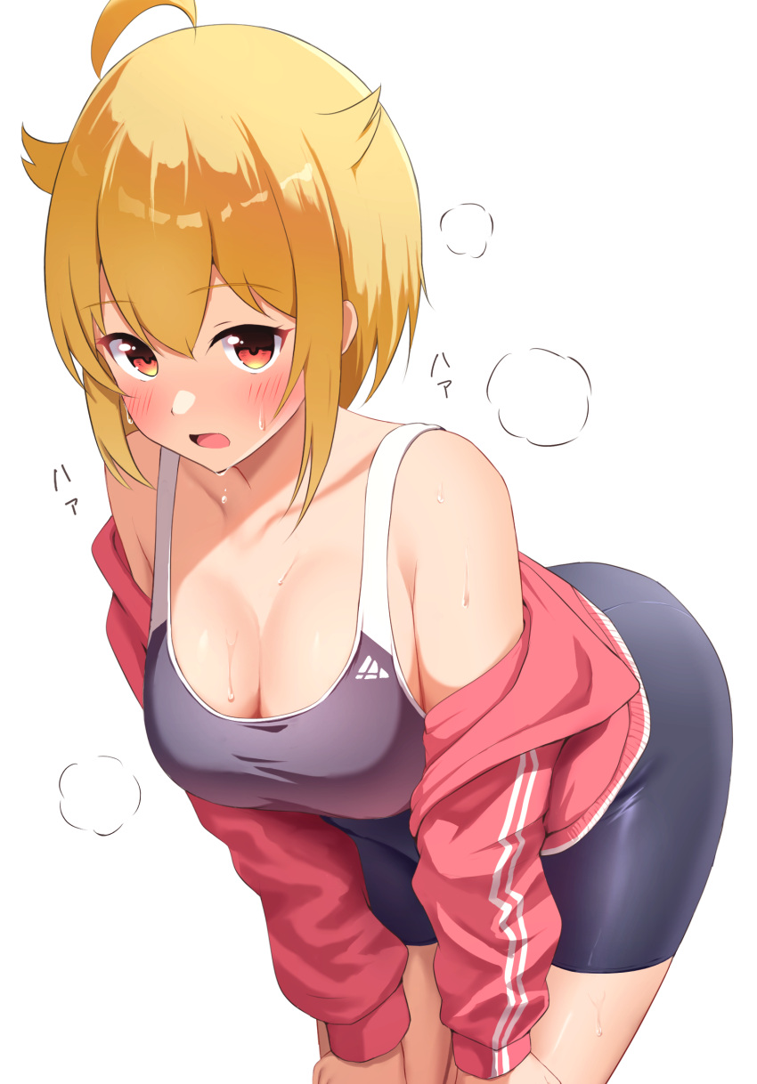 1girl ahoge bike_shorts blonde_hair blush breasts cleavage collarbone grey_sports_bra hair_flaps highres ibuki_tsubasa idolmaster idolmaster_million_live! jacket karua_(karua23) large_breasts leaning_forward looking_at_viewer open_clothes open_jacket red_eyes short_hair simple_background solo sports_bra steam sweat track_jacket white_background