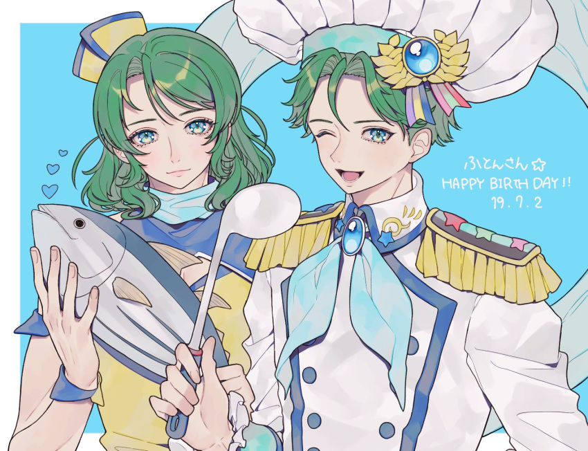 2boys ;d animal ao_(ao0_0nemu) bad_id bad_twitter_id blue_background blue_eyes blue_neckerchief blue_scarf border brooch character_request check_character chef_hat closed_mouth commentary_request dated dual_persona epaulettes fish gift_art green_hair happy_birthday hat highres holding holding_animal holding_fish holding_ladle jacket jewelry king_of_prism ladle long_sleeves looking_at_viewer male_focus multiple_boys neckerchief one_eye_closed open_mouth pretty_rhythm pretty_series scarf short_hair smile takahashi_minato translation_request tuna upper_body white_border white_hat white_jacket