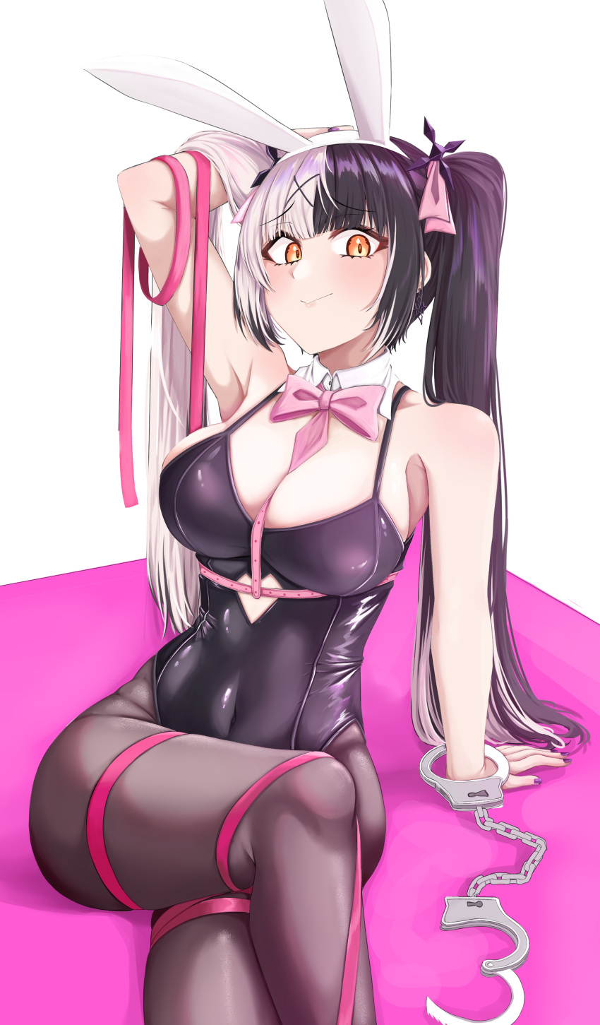 1girl absurdres alternate_costume animal_ears black_hair black_leotard black_nails blush breasts cleavage clothing_cutout collar cuffs detached_collar fake_animal_ears handcuffs heart_cutout highres hololive hololive_english large_breasts leotard long_hair looking_at_viewer mmneko multicolored_hair nail_polish nail_polish_brush playboy_bunny rabbit_ears rabbit_hole_(vocaloid) shiori_novella smile solo split-color_hair strapless strapless_leotard twintails vocaloid white_collar white_hair yellow_eyes