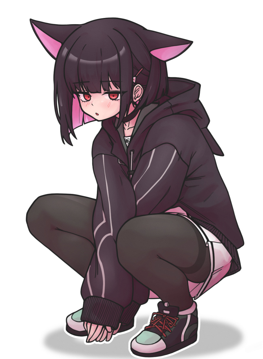 0dot001hz 1girl animal_ears black_hair black_hoodie black_pantyhose blue_archive cat_ears halo highres hood hoodie kazusa_(blue_archive) multicolored_hair pantyhose pink_eyes pink_hair skirt solo two-tone_hair white_skirt