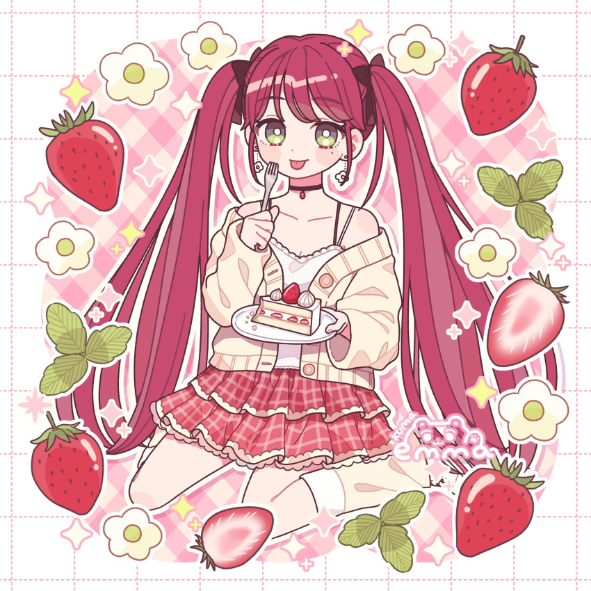 1girl :p artist_name black_choker blush_stickers breasts bright_pupils brown_cardigan cake cake_slice camisole cardigan choker cleavage dotted_line earrings emma_(kumaema) flower food fork frilled_skirt frills fruit green_eyes grid_background highres holding holding_fork holding_plate jewelry kneehighs long_hair looking_at_viewer mole off_shoulder original outline plate pleated_skirt red_hair red_sky sitting skirt sky socks solo strawberry strawberry_shortcake tongue tongue_out twintails very_long_hair wariza white_camisole white_outline