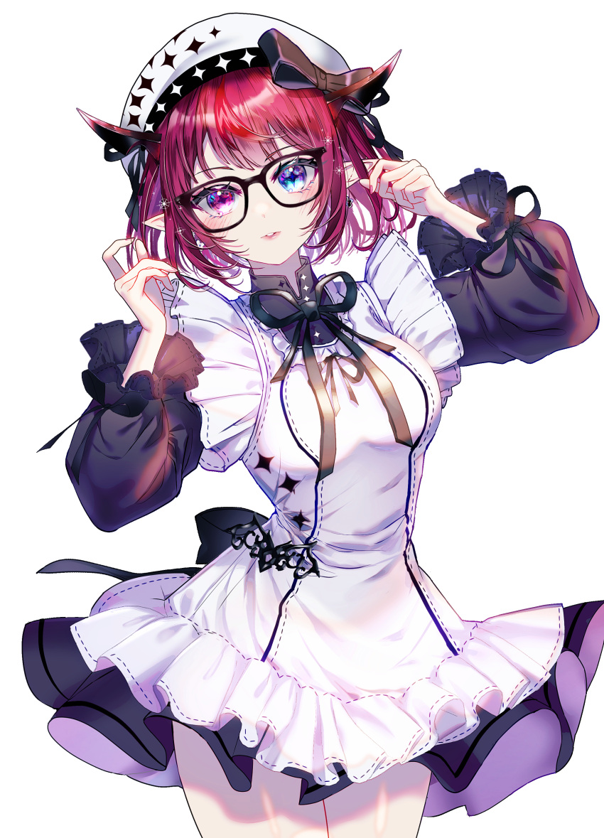 1girl absurdres alternate_costume beret bespectacled black-framed_eyewear black_dress blue_eyes collared_shirt commentary cross-shaped_pupils dress earrings english_commentary frilled_dress frills glasses hands_up hat heterochromia highres hololive hololive_english horns irys_(hololive) jewelry juliet_sleeves layered_dress lolita_fashion long_sleeves looking_at_viewer official_alternate_hair_length official_alternate_hairstyle parted_lips pinafore_dress pink_eyes pointy_ears puffy_sleeves red_hair shirt simple_background sleeveless sleeveless_dress solo sowon symbol-shaped_pupils transparent_background virtual_youtuber white_dress white_hat