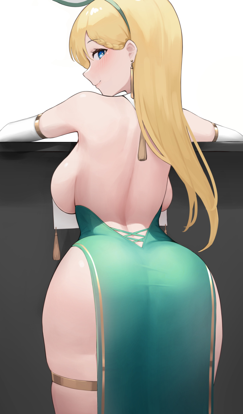 1girl ass backboob bare_back bare_shoulders blonde_hair blue_eyes breast_curtains breasts character_request commentary_request commission copyright_request earrings elbow_gloves from_behind gloves green_hairband hairband highres jewelry large_breasts long_hair looking_at_viewer looking_back skeb_commission solo suzuya_(maru) thigh_strap