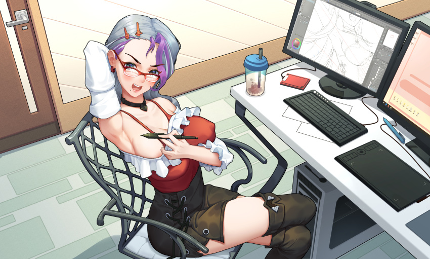 1girl :d absurdres armpits asymmetrical_hair black_choker breasts bubble_tea chair choker computer covered_nipples cross-laced_clothes cross-laced_skirt drawing_tablet eyebrows_visible_through_hair finaru-dorim frills from_above hair_ornament hairclip highres holding holding_pen indoors keyboard_(computer) large_breasts miniskirt mole mole_under_mouth open_mouth original pen purple_hair red-framed_eyewear red_tank_top silver_hair skirt smile solo spaghetti_strap tank_top teacher thighhighs zettai_ryouiki