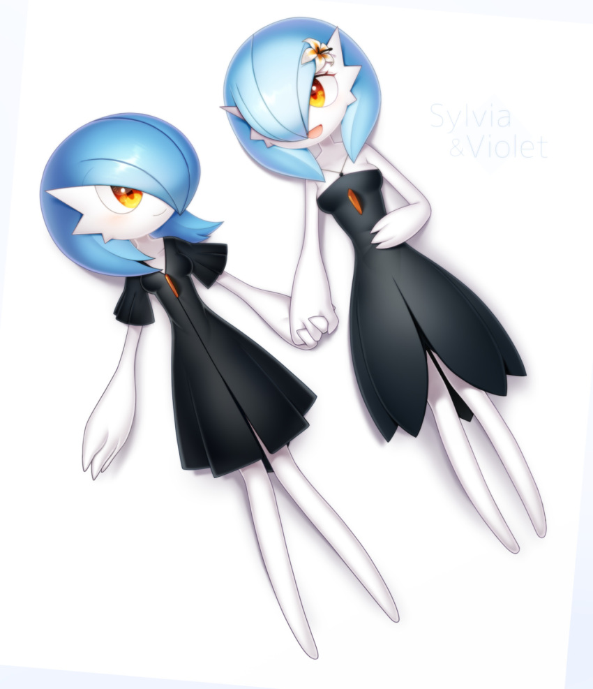 alternate_color black_dress blue_hair clothed_pokemon colored_skin dress flower gardevoir hair_flower hair_ornament hair_over_one_eye highres holding_hands lotosu lying on_back open_mouth orange_eyes pokemon pokemon_(creature) shiny_pokemon simple_background smile white_background white_skin