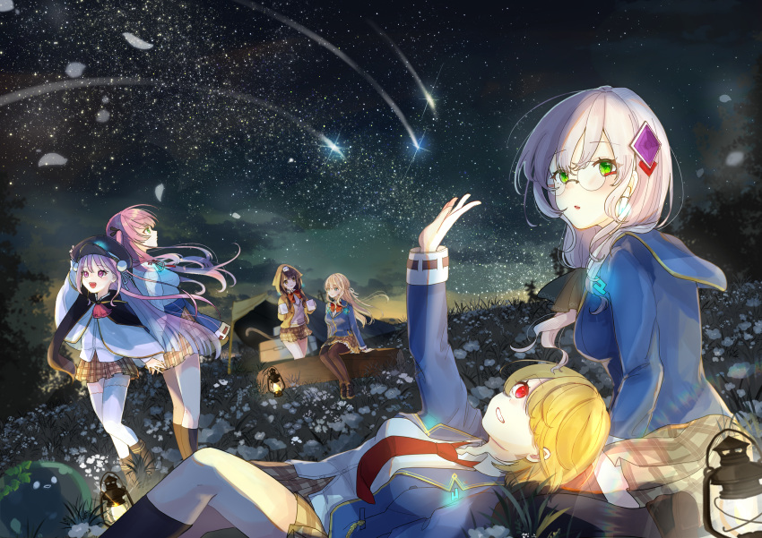 aikawa_megumi animal_on_head asakura_karen_(heaven_burns_red) black_hair blonde_hair blue_eyes blue_jacket bow braid collared_shirt double_bun glasses green_eyes grey_hair hair_bun hair_ornament hair_over_one_eye hair_ribbon hat heaven_burns_red highres hood hood_up hooded_jacket izumi_yuki_(heaven_burns_red) jacket kayamori_ruka kunimi_tama kuromame_x3 long_hair long_sleeves military_hat multiple_girls neck_ribbon necktie on_head one_eye_covered open_mouth pink_eyes pink_hair plaid plaid_skirt red_bow red_eyes red_necktie red_ribbon ribbon round_eyewear school_uniform shirt short_hair skirt smile tail team_31a_(heaven_burns_red) thighhighs toujou_tsukasa twintails two_side_up very_long_hair white_ribbon white_shirt yellow_eyes