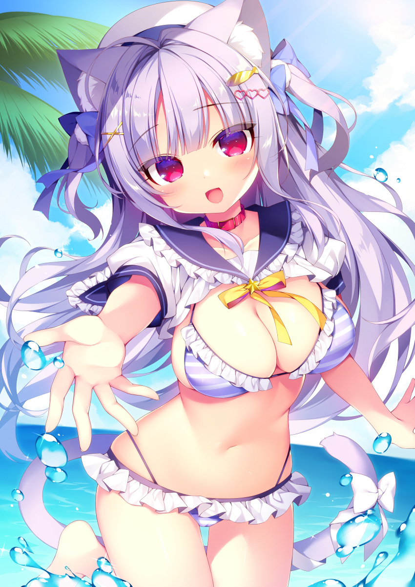 1girl absurdres animal_ear_fluff animal_ears bikini blue_sky blunt_bangs breasts cat_ears cat_girl cat_tail cloud commentary_request day fish_hair_ornament frilled_bikini frills hair_ornament hair_ribbon hairclip heart heart_hair_ornament highleg highleg_bikini highres horizon kofuyu_(cofyuuun) large_breasts long_hair looking_at_viewer moe2024 navel ocean open_mouth outdoors outstretched_arm palm_tree purple_eyes purple_hair red_eyes ribbon sky smile solo standing striped_bikini striped_clothes swimsuit tail tree wading water_drop white_hat x_hair_ornament
