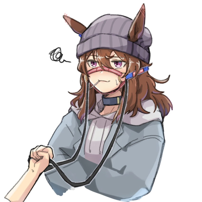 1girl 1other animal_ears beanie black_choker bridle brown_hair candy choker crossed_arms ears_through_headwear food grey_hat grey_jacket hair_between_eyes hat highres hood hood_down hoodie horse_ears horse_girl horse_tail jacket lollipop long_hair long_sleeves nakayama_festa_(umamusume) pink_eyes purple_eyes seung-aeja shirt simple_background solo_focus sweat tail umamusume white_background white_hoodie