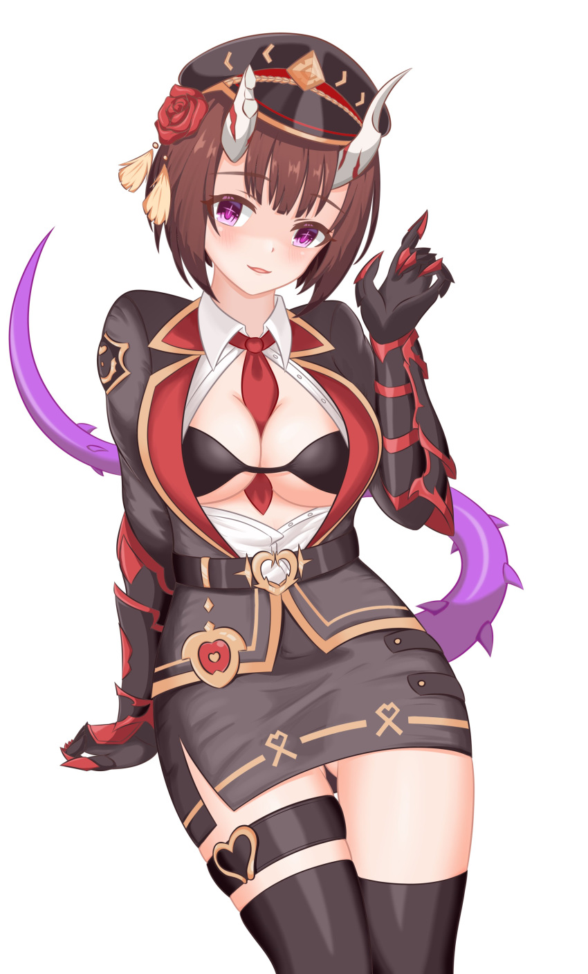 +_+ 1girl absurdres arm_guards armor ass_visible_through_thighs belt between_breasts black_armor black_belt black_bra black_gloves black_hat black_jacket black_skirt black_thighhighs blush bra breasts broken_horn brown_hair cleavage demon_girl demon_horns eriko_(commander)_(princess_connect!) eriko_(princess_connect!) flower gloves hair_flower hair_ornament hand_rest hand_up hat heart_belt highres horns index_finger_raised invisible_chair jacket large_breasts looking_at_viewer military_hat miniskirt necktie necktie_between_breasts partially_unbuttoned pencil_skirt princess_connect! purple_eyes red_flower red_rose rose shirt short_hair side_slit simple_background sitting skirt solo spiked_tail tail thigh_strap thighhighs underwear white_background white_shirt winterline