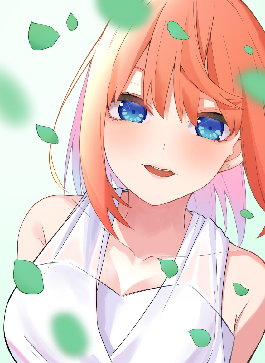 1girl absurdres airo bare_shoulders blue_eyes blurry blush breasts bride cleavage close-up collarbone commentary depth_of_field dress eyebrows_hidden_by_hair eyelashes falling_petals go-toubun_no_hanayome green_background hair_between_eyes highres large_breasts lips looking_at_viewer medium_hair nakano_yotsuba open_mouth orange_hair petals simple_background sleeveless sleeveless_dress solo straight_hair teeth upper_teeth_only white_dress