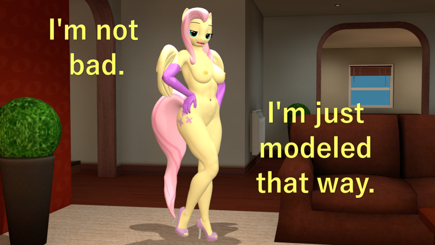 3d_(artwork) anthro areola armwear biped breasts clothed clothing dialogue digital_media_(artwork) elbow_gloves equid equine feathered_wings feathers featureless_crotch female fluttershy_(mlp) footwear friendship_is_magic furniture gloves hair hand_on_hip handwear hasbro hi_res high_heels looking_at_viewer mammal mostly_nude my_little_pony mythological_creature mythological_equine mythology nipples papadragon69 pegasus pink_hair sofa solo standing text thick_thighs wings yellow_body