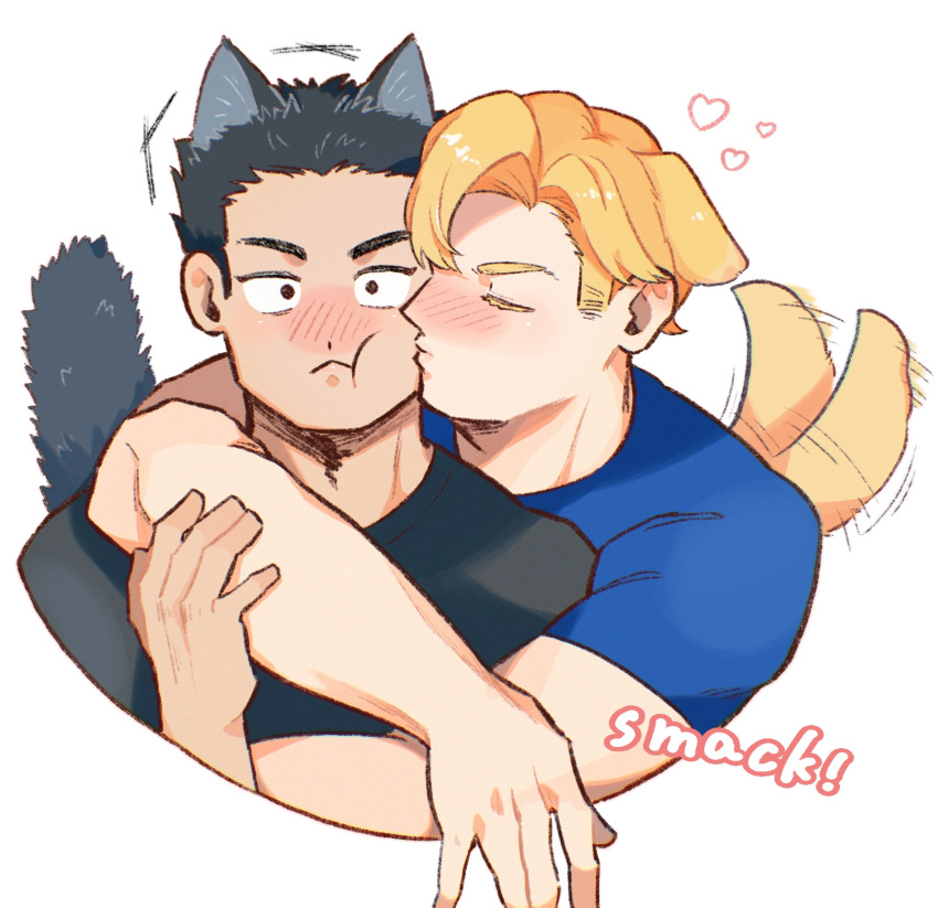 2boys afterimage animal_ears ao_isami arm_around_shoulder black_hair blonde_hair cat_boy cat_ears cat_tail couple cropped_torso dog_boy dog_ears dog_tail facial_hair highres hug kemonomimi_mode kiss kissing_cheek lewis_smith loving_aura male_focus motion_lines multiple_boys sideburns_stubble stubble tail tail_wagging tata3_193 thick_eyebrows wide-eyed yaoi yuuki_bakuhatsu_bang_bravern