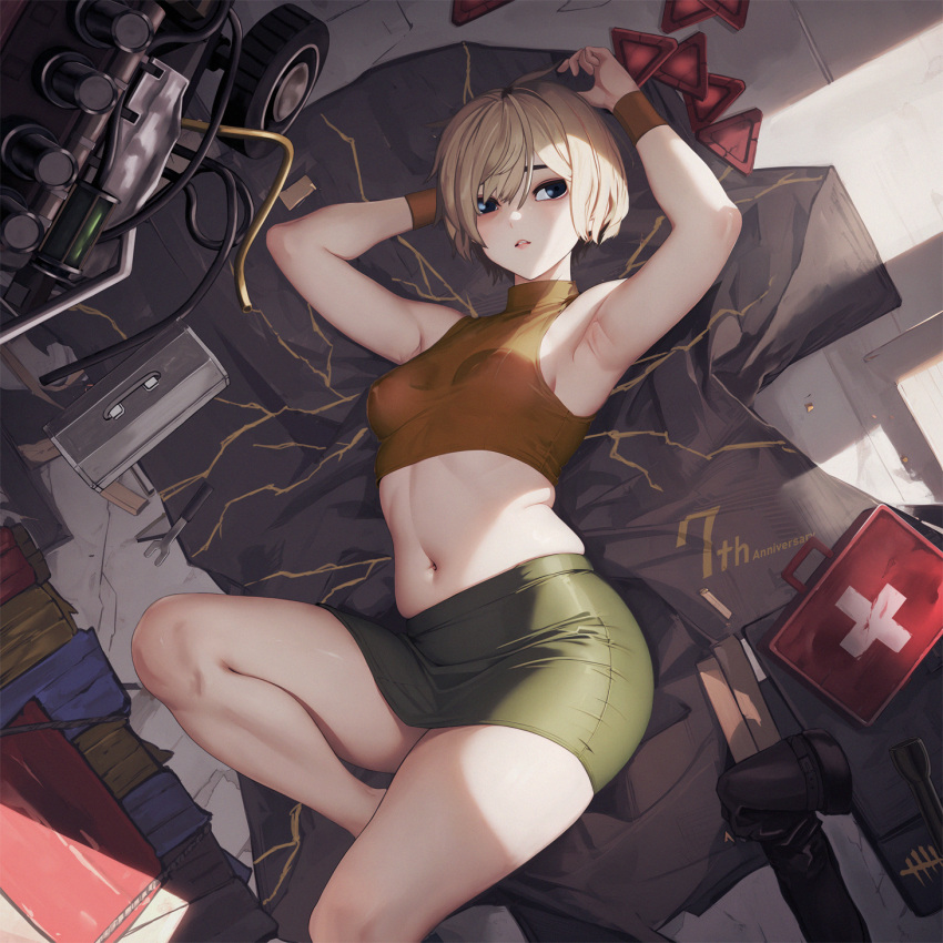 1girl armpits blonde_hair breasts dead_by_daylight heather_mason highres jacket looking_at_viewer miniskirt navel open_mouth pencil_skirt short_hair silent_hill_(series) silent_hill_3 skirt sleeveless sleeveless_turtleneck solo suzusiron thighs turtleneck wristband