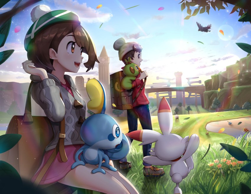 1boy 1girl :d backpack bag bangs beanie blue_pants bob_cut brown_bag brown_eyes brown_hair building cable_knit cardigan cloud collared_dress commentary_request corviknight cramorant drednaw dress floating_hair flower flying gen_8_pokemon gloria_(pokemon) gonzarez gossifleur grass green_headwear grey_cardigan grey_footwear grey_headwear hand_up hat holding_strap hooded_cardigan lens_flare light_rays long_sleeves looking_back on_lap on_shoulder open_mouth pants pink_dress pokemon pokemon_(creature) pokemon_(game) pokemon_on_lap pokemon_on_shoulder pokemon_swsh red_shirt scorbunny shirt shoes short_hair sitting sky sleeves_rolled_up smile sobble standing standing_on_one_leg starter_pokemon_trio sunbeam sunlight swept_bangs tam_o'_shanter tree upper_teeth victor_(pokemon) water wind wooloo yamper