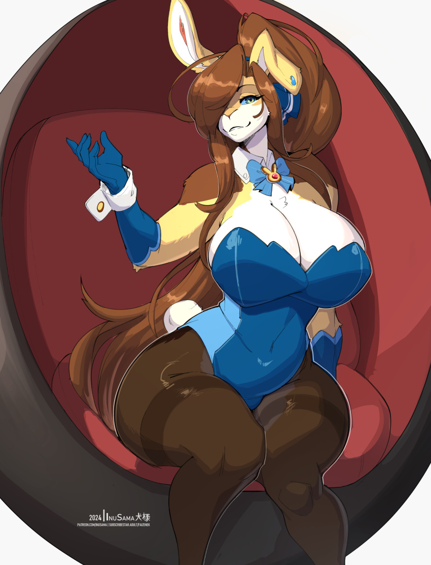2024 5_fingers absurd_res alternate_species anthro artist_name big_breasts blue_eyes blue_sclera breasts brown_body brown_fur brown_hair bunny_costume clothed clothing costume ear_piercing female figners fingers fur gloves hair hair_over_eye handwear hi_res huge_breasts inu-sama kela_(the_dogsmith) lagomorph legwear leporid long_hair looking_at_viewer mammal multicolored_body multicolored_fur one_eye_obstructed pantyhose piercing rabbit shirt_collar shirt_cuffs sitting solo tan_body tan_fur text thick_thighs url white_body white_fur wide_hips