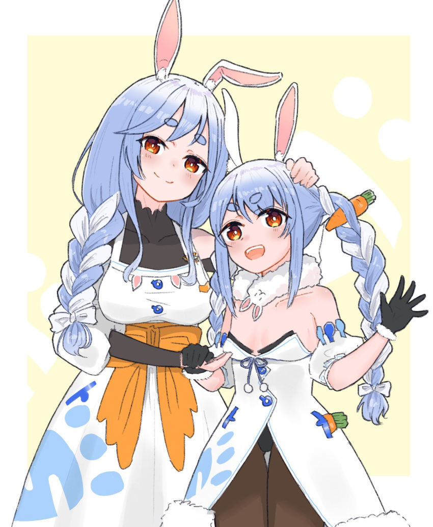 2girls animal_ear_fluff animal_ears black_bodysuit black_gloves black_leotard black_pantyhose blue_hair blush bodysuit braid braided_ponytail breasts carrot_hair_ornament don-chan_(usada_pekora) dress food-themed_hair_ornament fur-trimmed_dress fur-trimmed_gloves fur_trim gloves hair_ornament hand_on_another's_head highres hololive large_breasts leotard leotard_under_clothes long_hair looking_at_viewer mature_female medium_breasts mother_and_daughter multicolored_hair multiple_girls open_mouth pantyhose pekomama rabbit_ears rabbit_girl red_eyes short_eyebrows smile streaked_hair teeth twin_braids upper_teeth_only usada_pekora usada_pekora_(1st_costume) virtual_youtuber waneyeye white_dress white_hair