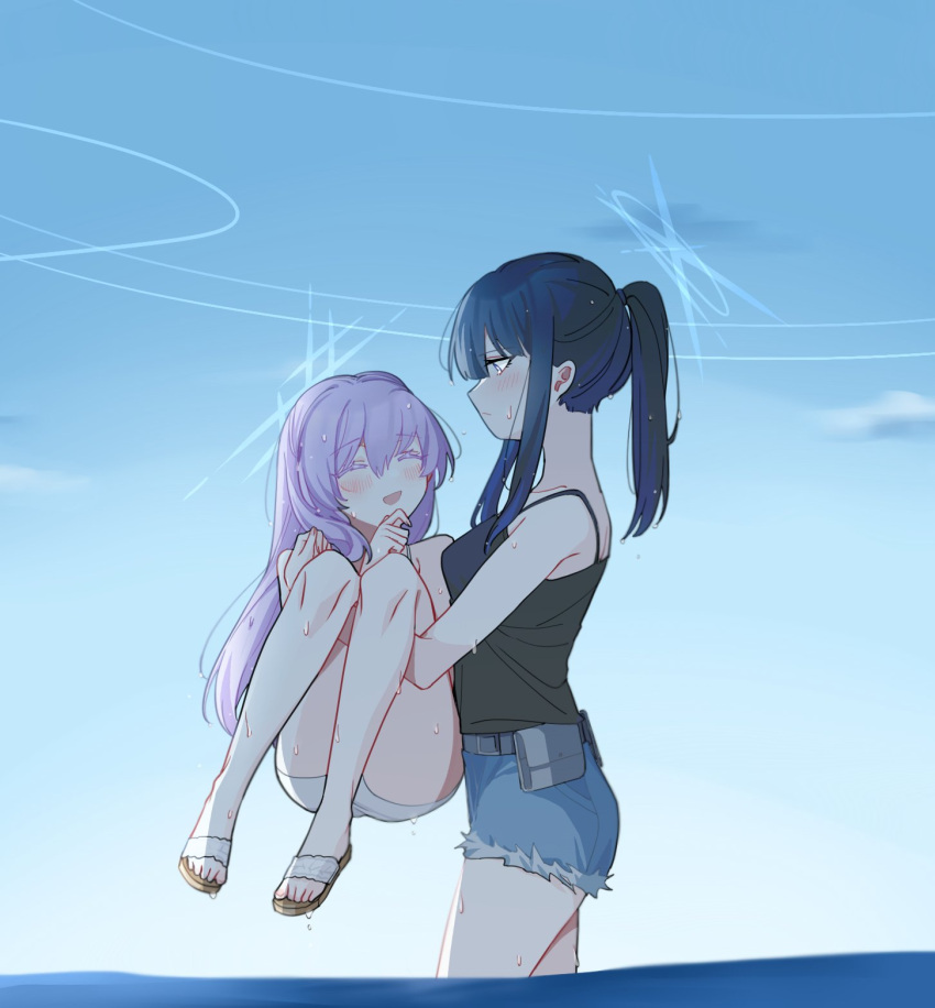 2girls :d arikalovesyou2 atsuko_(blue_archive) belt_pouch black_shirt blue_archive blue_hair blue_sky blush carrying closed_eyes closed_mouth collarbone cutoffs denim denim_shorts from_side hair_between_eyes halo highres long_hair looking_at_another multiple_girls no_socks outdoors ponytail pouch princess_carry purple_hair sandals saori_(blue_archive) shirt shirt_tucked_in shorts sidelocks sky sleeveless sleeveless_shirt small_sweatdrop smile wading wet yuri