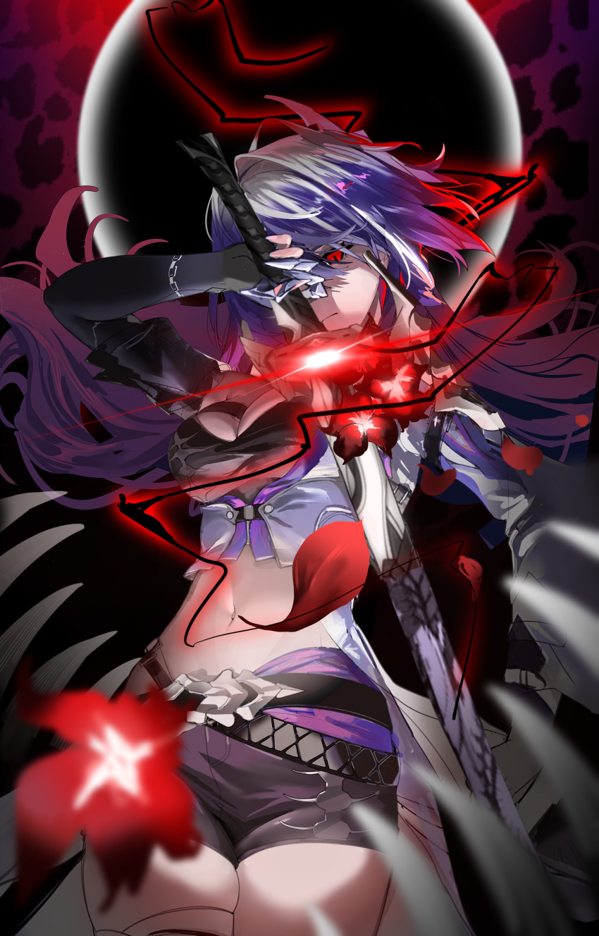 1girl absurdres acheron_(honkai:_star_rail) belt black_belt black_gloves black_shorts breasts cleavage commentary cowboy_shot eamut1 flower gloves grey_hair highres holding holding_sword holding_weapon honkai:_star_rail honkai_(series) katana large_breasts long_hair looking_at_viewer midriff multicolored_hair navel petals purple_hair red_eyes red_flower scabbard sheath short_shorts shorts solo standing stomach streaked_hair sword unsheathing very_long_hair weapon
