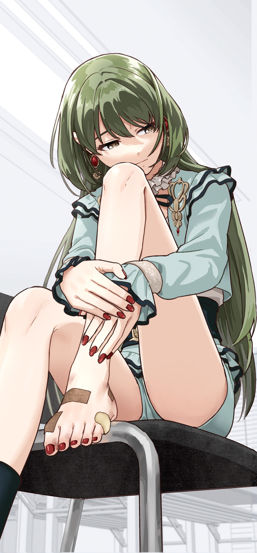 1girl absurdres aqua_jacket aqua_shorts bandaid bandaid_on_foot bare_legs black_socks earrings fingernails green_hair highres idolmaster idolmaster_shiny_colors jacket jewelry knee_up long_hair long_sleeves looking_to_the_side nail_polish nanakusa_nichika nigatsumikka on_chair shorts single_sock sitting socks solo toenail_polish toenails very_long_hair