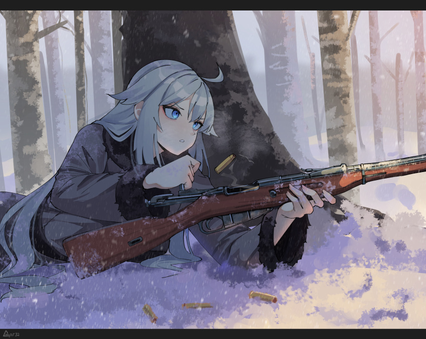 1girl absurdres artist_name bare_tree black_border blue_eyes bolt_action border coat codename:_bakery_girl forest fur-trimmed_coat fur_trim gar32 girls'_frontline grey_coat gun highres jefuty_(bakery_girl) lying mosin-nagant nature on_stomach rifle shell_casing solo tree weapon white_hair winter