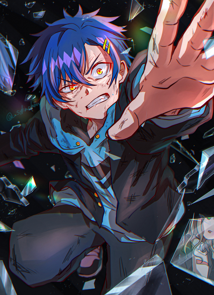 1boy absurdres artist_name asanaka_yomogi black_background black_jacket black_pants blue_hair blue_hoodie clenched_teeth dirty dirty_face glass_shards gridman_universe gridman_universe_(film) hair_ornament hairclip highres hood hoodie jacket minami_yume pants reaching reaching_towards_viewer short_hair solo_focus ssss.dynazenon syknchan teeth yellow_eyes