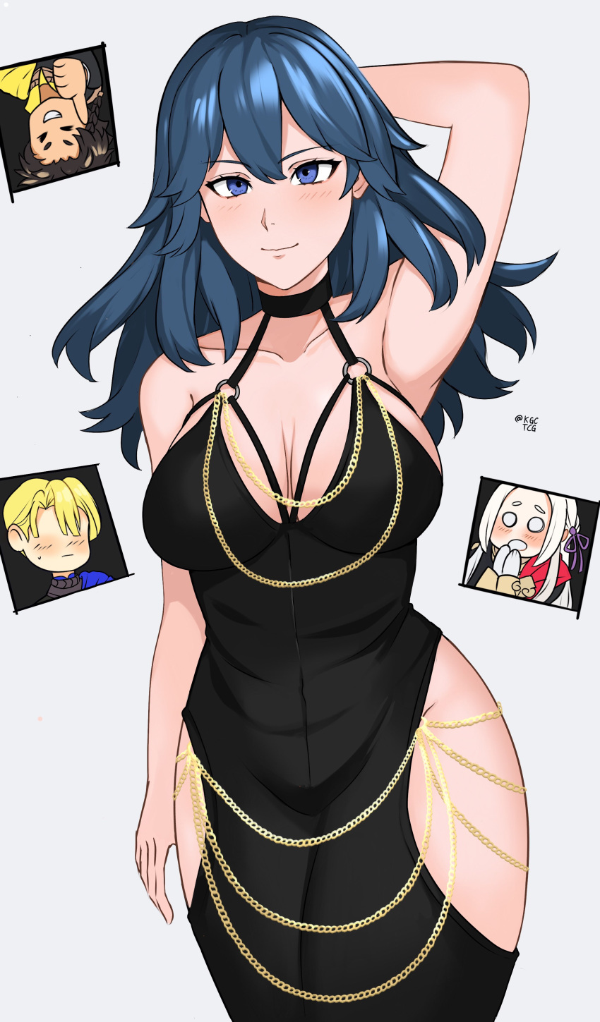 1girl absurdres alternate_costume arm_behind_head artist_name bare_shoulders black_dress blue_eyes blue_hair blush breasts byleth_(female)_(fire_emblem) byleth_(fire_emblem) claude_von_riegan cleavage_cutout clothing_cutout dimitri_alexandre_blaiddyd dress edelgard_von_hresvelg faceless faceless_male fire_emblem fire_emblem:_three_houses halterneck highres hip_vent kgctcg large_breasts long_hair looking_at_viewer meme_attire modakawa_dress o-ring o-ring_dress small_breasts smile solo thumbs_up upside-down