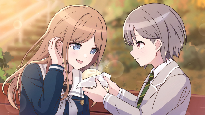 2girls bang_dream! bang_dream!_it's_mygo!!!!! baozi blue_eyes blue_shirt blurry blurry_background blush bokeh brown_hair closed_mouth collared_shirt commentary_request depth_of_field feeding food green_necktie grey_hair grey_jacket grey_neckerchief haneoka_school_uniform highres jacket long_hair long_sleeves multiple_girls nagasaki_soyo neckerchief necktie novi_visual on_bench open_mouth outdoors red_eyes sailor_collar school_uniform shirt short_hair smile sparkle takamatsu_tomori tsukinomori_school_uniform upper_body white_sailor_collar white_shirt