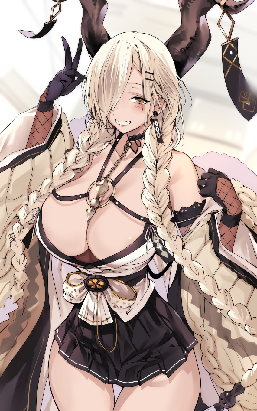 1girl absurdres azur_lane bare_shoulders black_gloves black_skirt blonde_hair braid breasts brown_horns cleavage commentary_request cowboy_shot earrings elbow_gloves fishnet_gloves fishnets gloves grin hair_over_one_eye half_gloves highres horn_ornament horns huge_breasts jewelry large_horns long_hair long_sleeves looking_at_viewer low_twin_braids microskirt mole mole_under_mouth owari_(azur_lane) pleated_skirt shiosato_jun simple_background skirt smile solo thigh_gap twin_braids very_long_hair wide_sleeves yellow_eyes