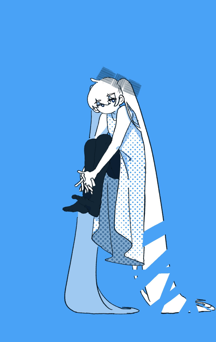 1girl absurdly_long_hair alternate_costume bare_shoulders blue_background bow dress expressionless floating full_body hair_bow halftone_texture hatsune_miku highres hugging_own_legs knees_up large_bow long_dress long_hair looking_at_viewer monochrome no_mouth no_sclera okawari_o_doozo_(vocaloid) pantyhose patterned_clothing sleeveless sleeveless_dress solo teri_(teruritto) textless_version very_long_hair vocaloid