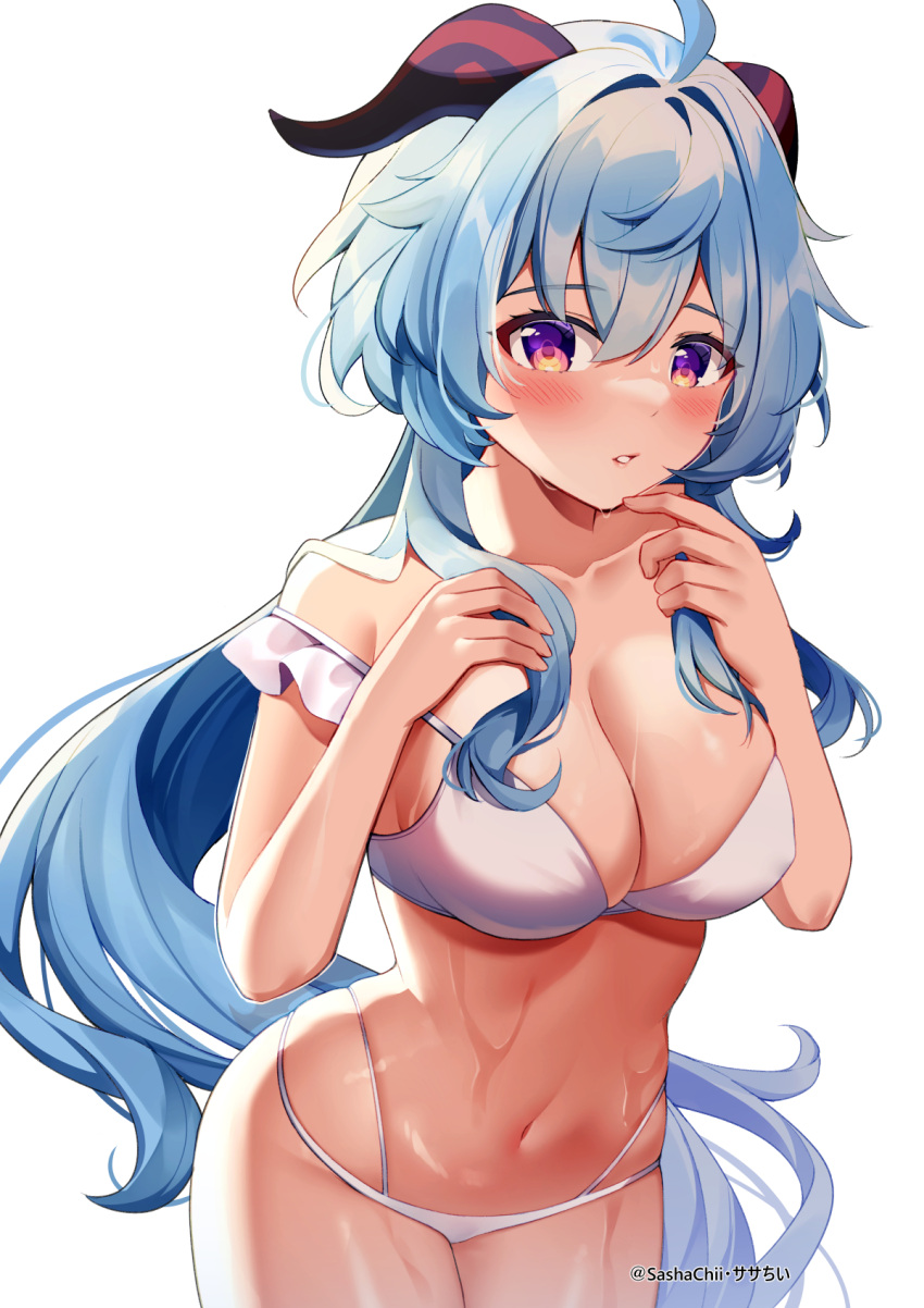 1girl ahoge artist_name bare_shoulders blue_hair blush breasts cleavage collarbone covered_nipples cowboy_shot ganyu_(genshin_impact) genshin_impact hand_on_own_chest highres large_breasts long_hair looking_at_viewer low_ponytail navel purple_eyes sasha_chii sidelocks solo standing sweat swimsuit very_long_hair wet white_background