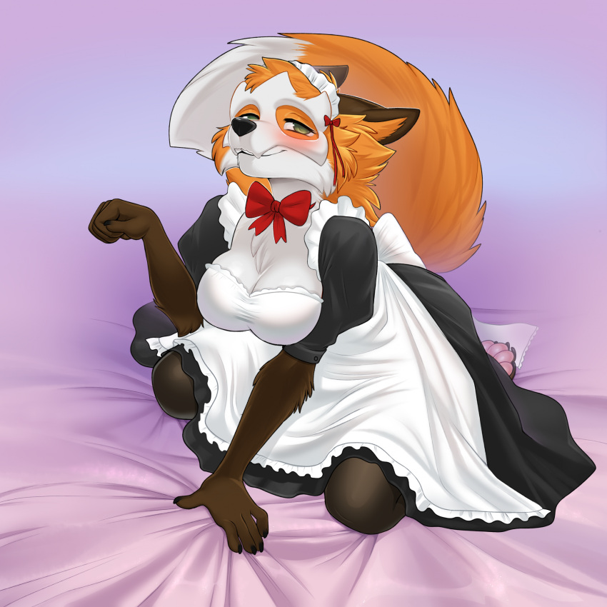 1:1 2023 anthro anutka biped black_nose bow_(feature) breasts canid canine catherine_(foxicious) claws cleavage clothed clothing countershade_face countershade_fur countershade_torso countershading digital_media_(artwork) dipstick_tail eyelashes female fox fur green_eyes hi_res hindpaw maid_headdress maid_uniform mammal markings mask nya_pose orange_body orange_fur pawpads paws pink_bedding pink_pawpads shaded skull_mask solo tail tail_markings toe_claws uniform white_body white_fur white_tail_tip