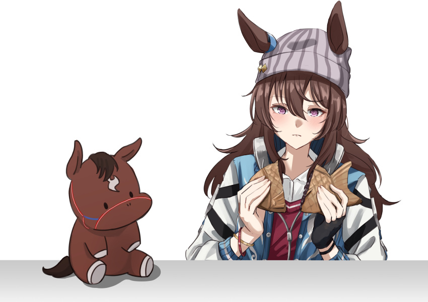 1girl 1other absurdres animal animal_ears beanie black_gloves blue_jacket bow brown_hair creature_and_personification desk ear_ornament ears_through_headwear food gloves grey_hat hair_between_eyes hakekeke2525 hat highres holding holding_food horse horse_ears horse_girl jacket long_hair long_sleeves nakayama_festa_(racehorse) nakayama_festa_(umamusume) purple_eyes real_life shirt simple_background single_glove sitting tail umamusume white_background