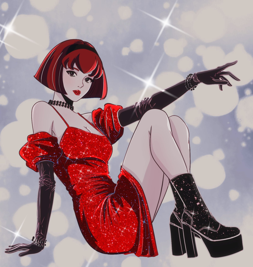 1girl black_gloves black_hairband bob_cut brown_eyes dress elbow_gloves gloves hairband highres looking_at_viewer megadeus_mommy r_dorothy_wayneright red_dress red_hair red_lips short_hair sitting sleeveless sleeveless_dress solo sparkle sparkle_background the_big_o