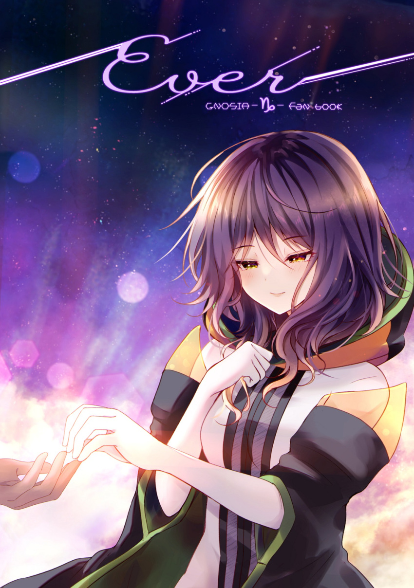 1girl brown_eyes english_text gina_(gnosia) gloves gnosia hair_between_eyes heterochromia highres hood hoodie long_sleeves medium_hair purple_hair rocomani smile solo space upper_body wavy_hair