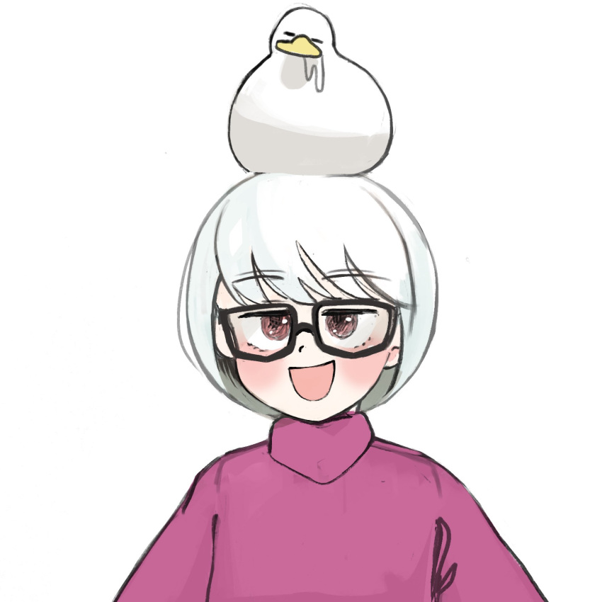 :d animal_on_head bird bird_on_head blush borrowed_character brown_eyes diva_(hyxpk) drooling duck eisu-chan_(eisu) glasses highres on_head original saliva short_hair simple_background smile sweater swept_bangs white_background white_hair