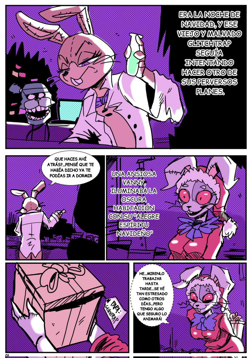 anthro big_breasts breasts christmas christmas_clothing christmas_headwear clothing comic duo eyelashes female five_nights_at_freddy's gift glitchtrap hat headgear headwear hi_res holidays lagomorph leporid male mammal rabbit red_sclera renita_reed santa_hat scottgames spanish_text text translation_request vanny_(fnaf)
